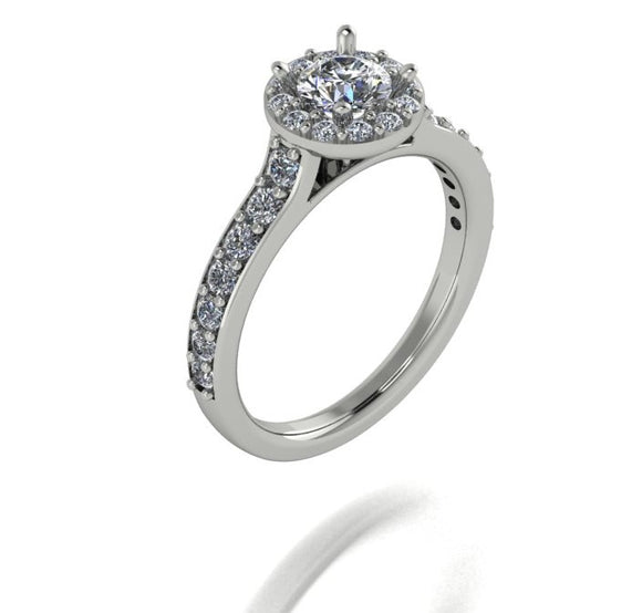 STYLE#6420 HALO STYLE ENGAGEMENT RING WITH MICROPRONG  GRADUATING SIDE STONES