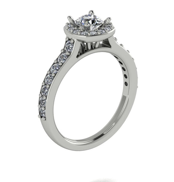 STYLE#6427 CUSHION HALO STYLE ENGAGEMENT RING WITH MICRO-PRONG  GRADUATING SIDE STONES