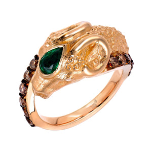 STYLE #5559 RAM RING WITH BROWN DIAMONDS AND AN EMERALD