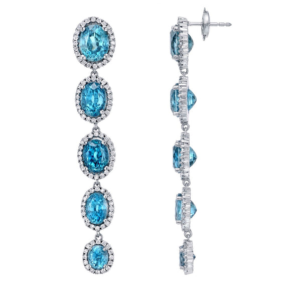 STYLE #5551 LONG STATEMENT EARRINGS WITH BLUE ZIRCON AND DIAMONDS